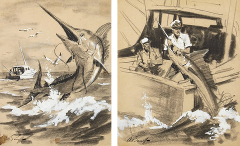 {{ product_title }} Fine Art Print | {{ product_vendor }} Jakero77 Arthur Sarnoff - Marlin Fishing Boat 1950s Signed - 17" x 22" Fine Art Print Art Print  Jakero77