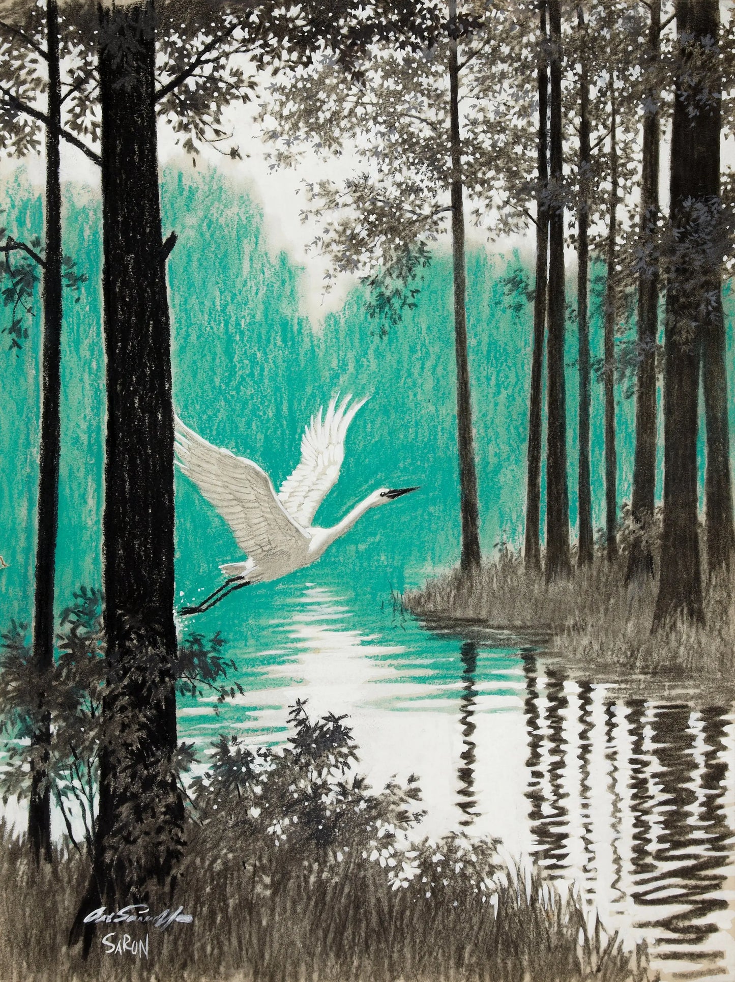 {{ product_title }} Fine Art Print | {{ product_vendor }} Jakero77 Arthur Sarnoff - Marshland Landscape Crane 1960s Signed - 17"x22" Fine Art Print Art Print  Jakero77