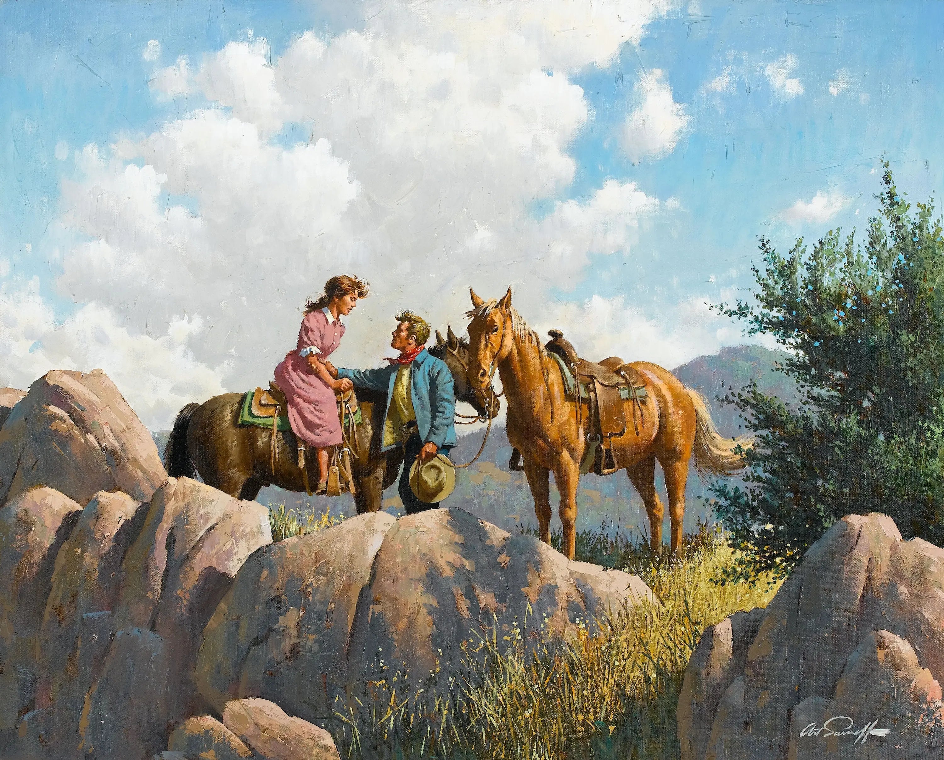 {{ product_title }} Fine Art Print | {{ product_vendor }} Jakero77 Arthur Sarnoff - Meeting on Horseback 1940s SIgned - 17" x 22" Fine Art Print Art Print  Jakero77