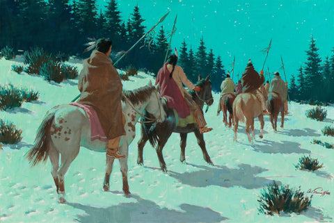 {{ product_title }} Fine Art Print | {{ product_vendor }} Jakero77 Arthur Sarnoff - Moonlight Foray (1940s) Horseback Signed - 17" x 22" Art Print Art Print  Jakero77