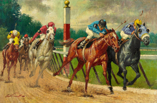 {{ product_title }} Fine Art Print | {{ product_vendor }} Jakero77 Arthur Sarnoff - Muddy Track Horse Racing 1960s Signed - 17" x 22" Fine Art Print Art Print  Jakero77