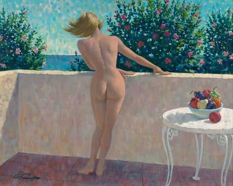 {{ product_title }} Fine Art Print | {{ product_vendor }} Jakero77 Arthur Sarnoff - Nude Blonde Pin-up Girl on Balcony 1960s Signed - 17"x22" Print Art Print  Jakero77