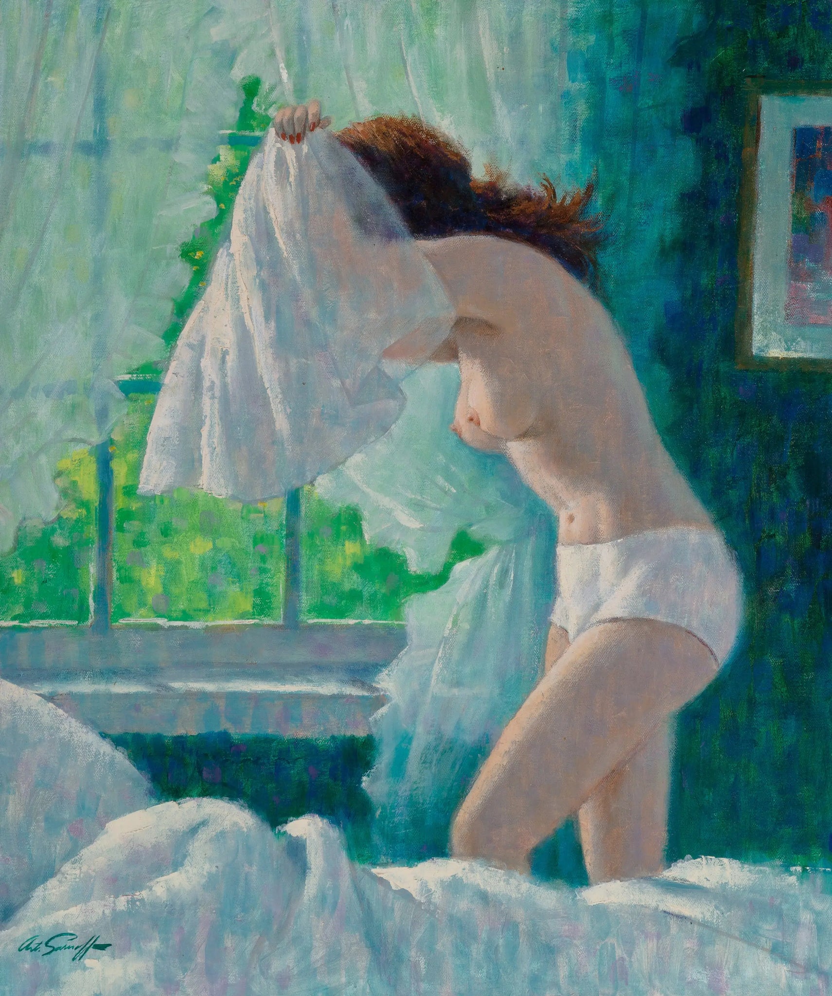{{ product_title }} Fine Art Print | {{ product_vendor }} Jakero77 Arthur Sarnoff - Nude Pin-Up Girl Dressing in Morning 1950s Signed - 17"x22" Print Art Print  Jakero77