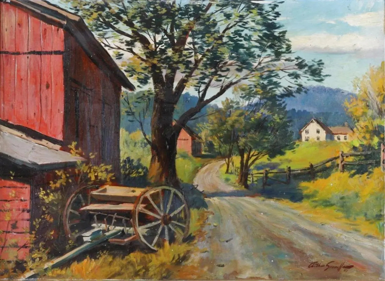 {{ product_title }} Fine Art Print | {{ product_vendor }} Jakero77 Arthur Sarnoff - Old Country Road Farmhouse 1940s Signed - 17" x 22" Art Print Art Print  Jakero77