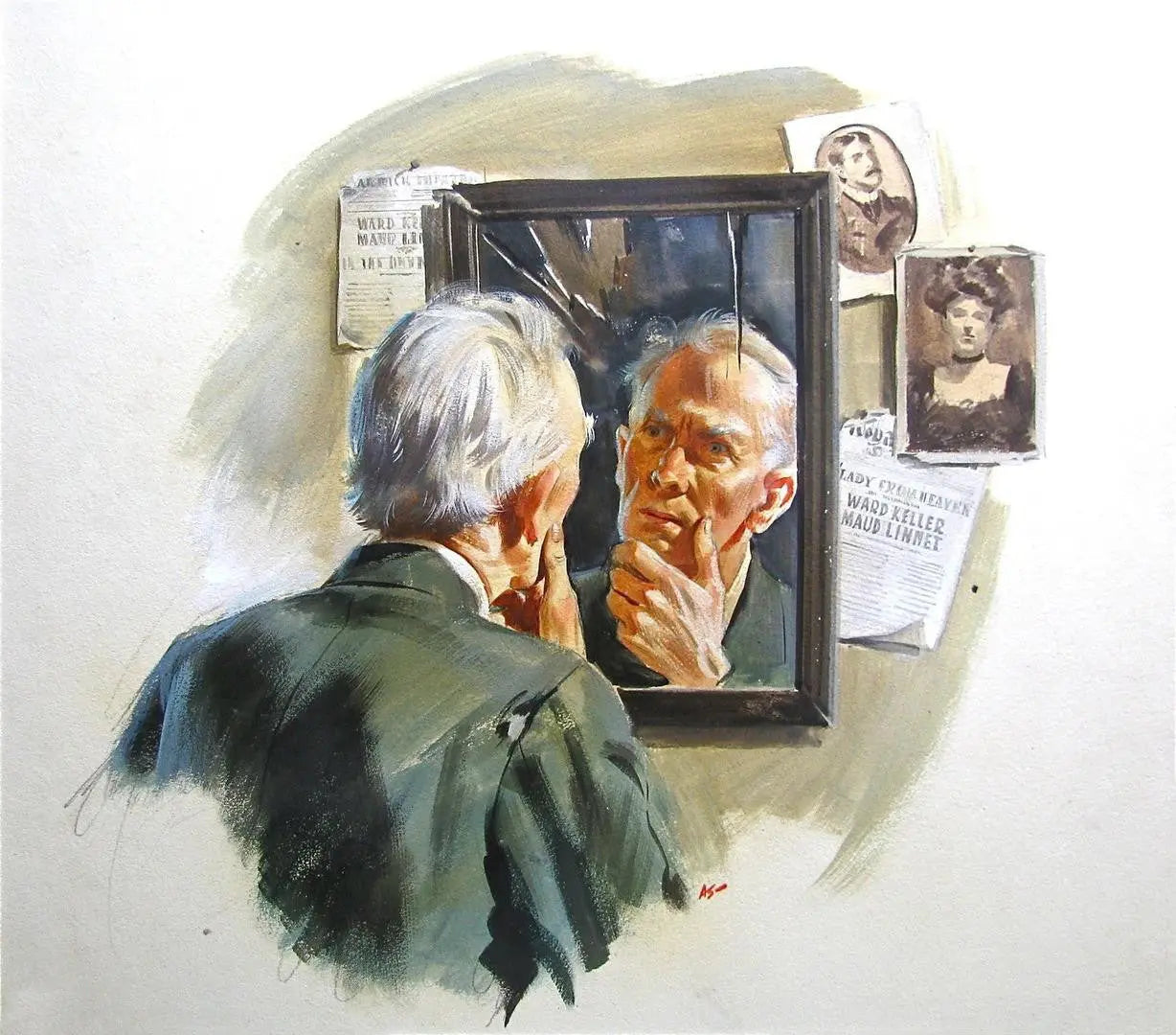 {{ product_title }} Fine Art Print | {{ product_vendor }} Jakero77 Arthur Sarnoff - Old Man Staring at Himself in Mirror 1950s - 17" x 22" Art Print Art Print  Jakero77