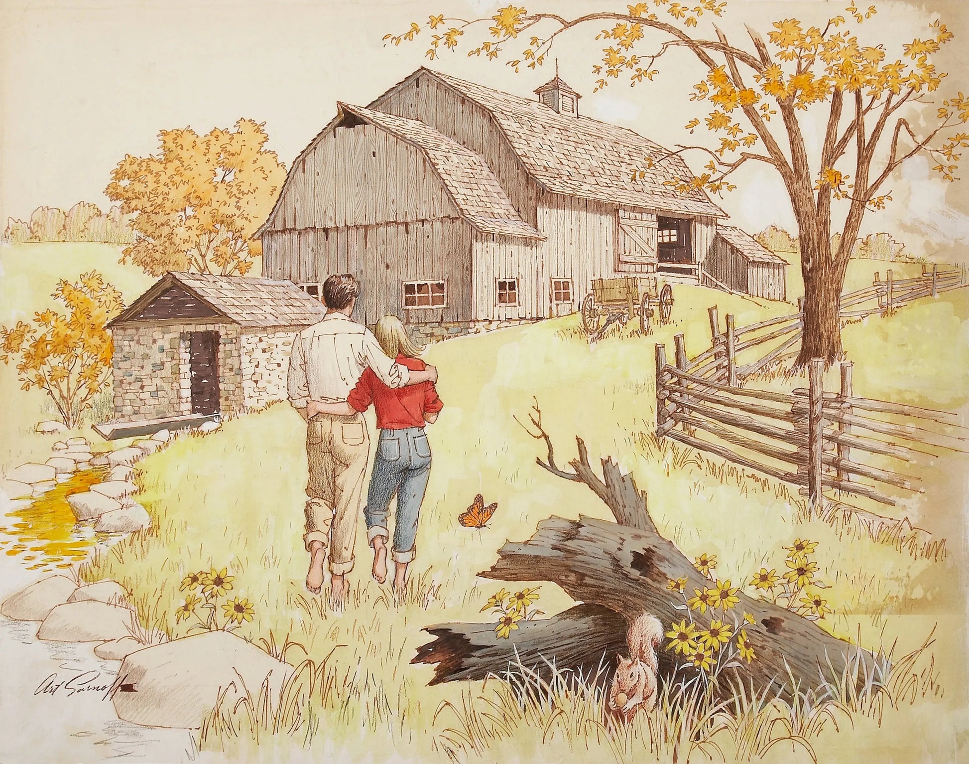 {{ product_title }} Fine Art Print | {{ product_vendor }} Jakero77 Arthur Sarnoff - Pastoral Romantic Couple 1950s Signed - 17" x 22" Fine Art Print Art Print  Jakero77