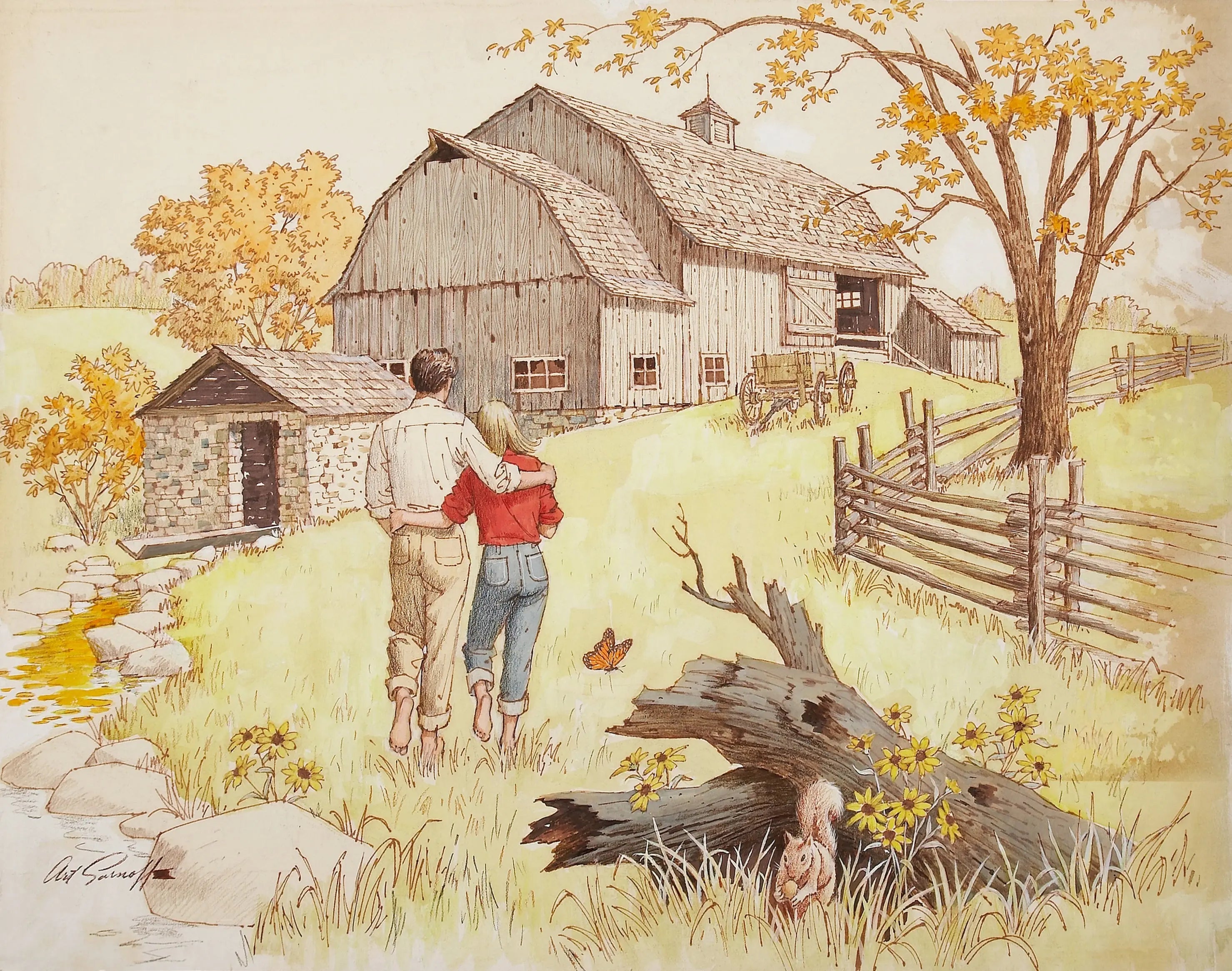 {{ product_title }} Fine Art Print | {{ product_vendor }} Jakero77 Arthur Sarnoff - Pastoral Romantic Couple 1950s Signed - 17" x 22" Fine Art Print Art Print  Jakero77