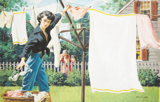 {{ product_title }} Fine Art Print | {{ product_vendor }} Jakero77 Arthur Sarnoff - Pin-Up Girl Hanging Laundry 1960s Signed - 17" x 22" Art Print Art Print  Jakero77
