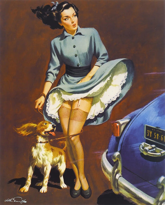 {{ product_title }} Fine Art Print | {{ product_vendor }} Jakero77 Arthur Sarnoff - Pin-Up Girl Skirt Blowing Up Walking Dog 1950s Signed - 17"x22" Fine Art Print Art Print  Jakero77