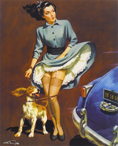{{ product_title }} Fine Art Print | {{ product_vendor }} Jakero77 Arthur Sarnoff - Pin-Up Girl Skirt Blowing Up Walking Dog 1950s Signed - 17"x22" Fine Art Print Art Print  Jakero77