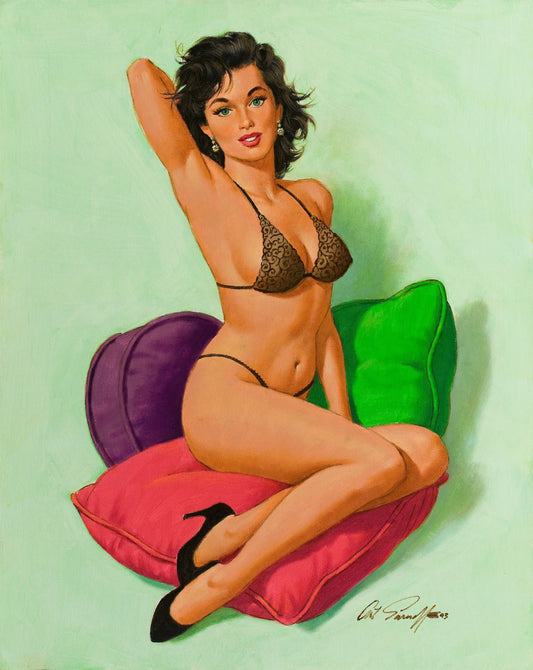 {{ product_title }} Fine Art Print | {{ product_vendor }} Jakero77 Arthur Sarnoff - Pin-Up Girl in Bikini on Pillows Signed - 17" x 22" Art Print Art Print  Jakero77