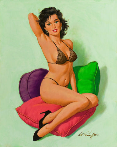 {{ product_title }} Fine Art Print | {{ product_vendor }} Jakero77 Arthur Sarnoff - Pin-Up Girl in Bikini on Pillows Signed - 17" x 22" Art Print Art Print  Jakero77
