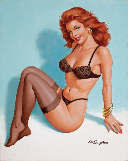 {{ product_title }} Fine Art Print | {{ product_vendor }} Jakero77 Arthur Sarnoff - Pin-Up Girl in Black Lingerie 1960s Signed - 17"x22" Art Print Art Print  Jakero77