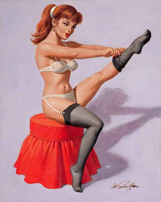 {{ product_title }} Fine Art Print | {{ product_vendor }} Jakero77 Arthur Sarnoff - Pin-Up Girl in Lingerie Putting on Hose Signed - 17" x 22" Print Art Print  Jakero77
