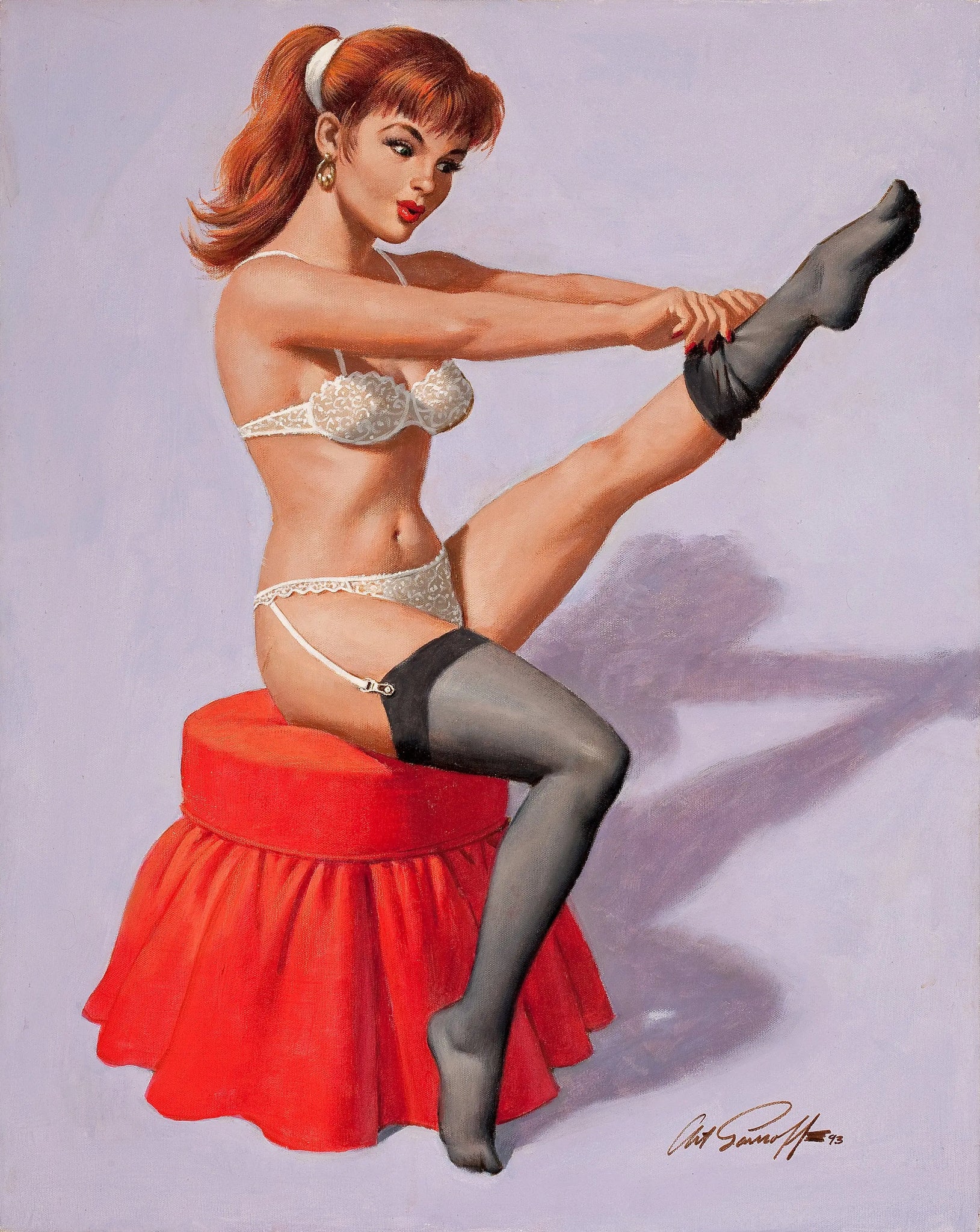 {{ product_title }} Fine Art Print | {{ product_vendor }} Jakero77 Arthur Sarnoff - Pin-Up Girl in Lingerie Putting on Hose Signed - 17" x 22" Print Art Print  Jakero77
