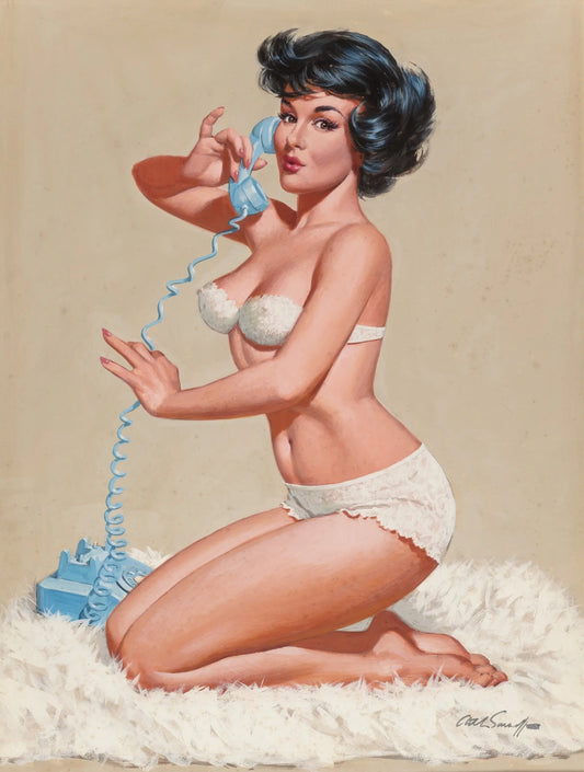 {{ product_title }} Fine Art Print | {{ product_vendor }} Jakero77 Arthur Sarnoff - Pin-Up Girl in Lingerie on Phone 1960s Signed - 17" x 22" Print Art Print  Jakero77