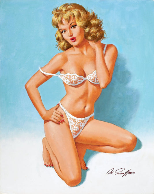 {{ product_title }} Fine Art Print | {{ product_vendor }} Jakero77 Arthur Sarnoff - Pin-Up Girl in White Lace Lingerie Signed - 17" x 22" Art Print Art Print  Jakero77