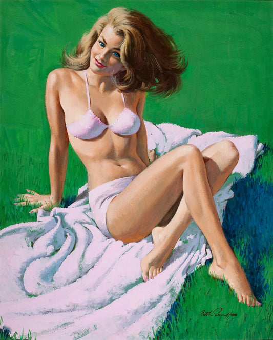 {{ product_title }} Fine Art Print | {{ product_vendor }} Jakero77 Arthur Sarnoff - Pin-Up Girl in White on Grass 1960s Signed - 17"x22" Art Print Art Print  Jakero77