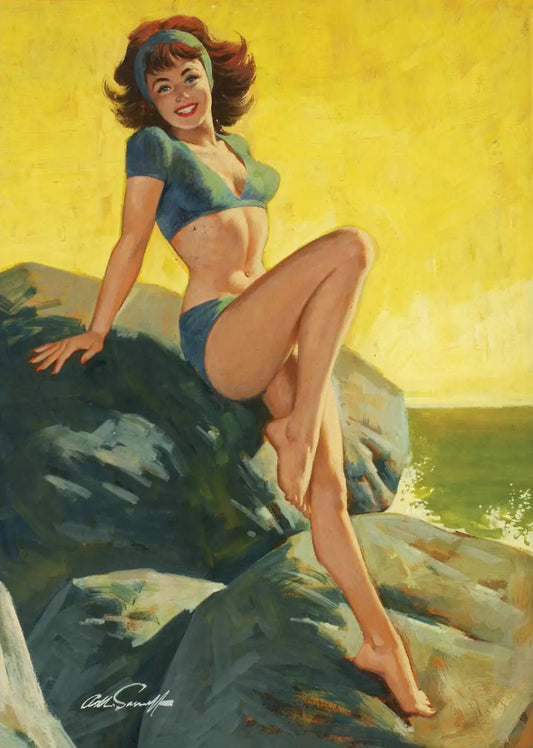 {{ product_title }} Fine Art Print | {{ product_vendor }} Jakero77 Arthur Sarnoff - Pin-Up Girl on Beach Rocks 1960s Signed - 17" x 22" Art Print Art Print  Jakero77