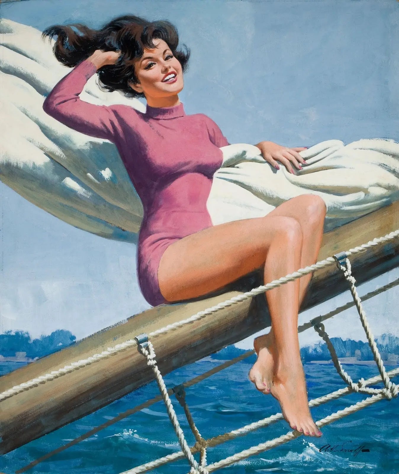 {{ product_title }} Fine Art Print | {{ product_vendor }} Jakero77 Arthur Sarnoff - Pin-Up Girl on Sailboat 1960s Signed - 17" x 22" Fine Art Print Art Print  Jakero77
