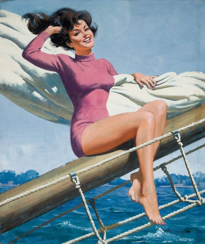 {{ product_title }} Fine Art Print | {{ product_vendor }} Jakero77 Arthur Sarnoff - Pin-Up Girl on Sailboat 1960s Signed - 17" x 22" Fine Art Print Art Print  Jakero77