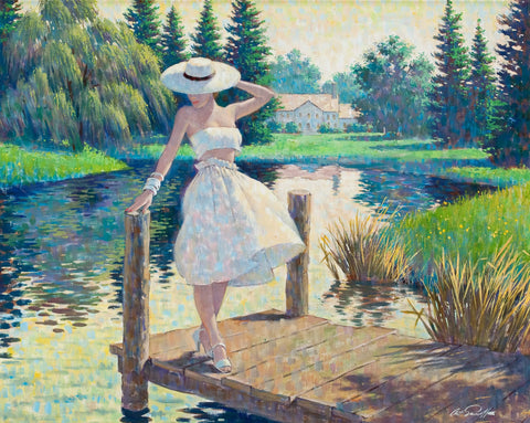 {{ product_title }} Fine Art Print | {{ product_vendor }} Jakero77 Arthur Sarnoff - Pin-Up Lady on the Dock 1960s Signed - 17" x 22" Fine Art Print Art Print  Jakero77