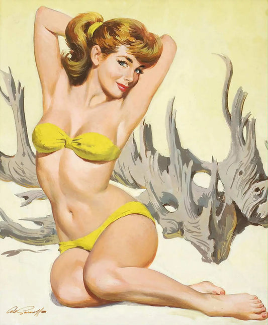 {{ product_title }} Fine Art Print | {{ product_vendor }} Jakero77 Arthur Sarnoff - Pin-Up in Yellow Bikini 1960s Signed - 17" x 22" Fine Art Print Art Print  Jakero77
