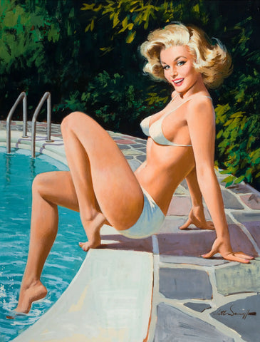 {{ product_title }} Fine Art Print | {{ product_vendor }} Jakero77 Arthur Sarnoff - Poolside Pin-Up Girl in Bikini 1960s Signed - 17" x 22" Print Art Print  Jakero77