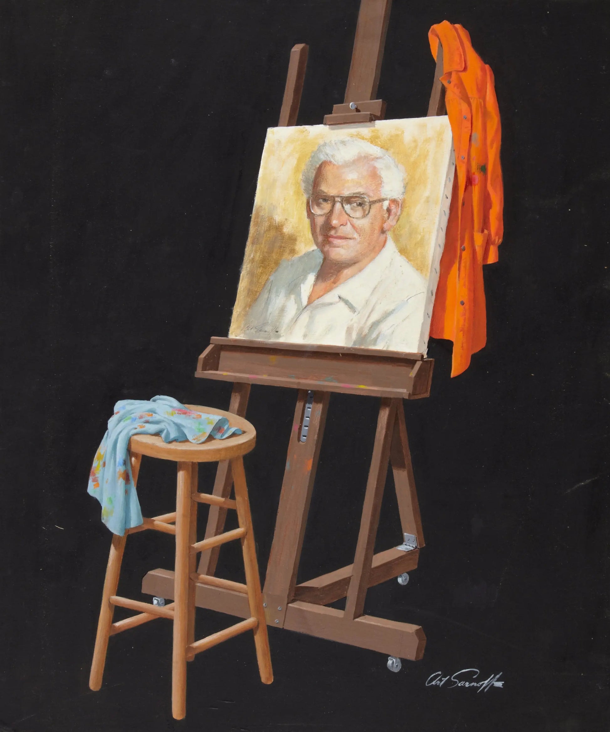 {{ product_title }} Fine Art Print | {{ product_vendor }} Jakero77 Arthur Sarnoff - Portrait Painting on Easel 1960s Signed - 17" x 22" Art Print Art Print  Jakero77