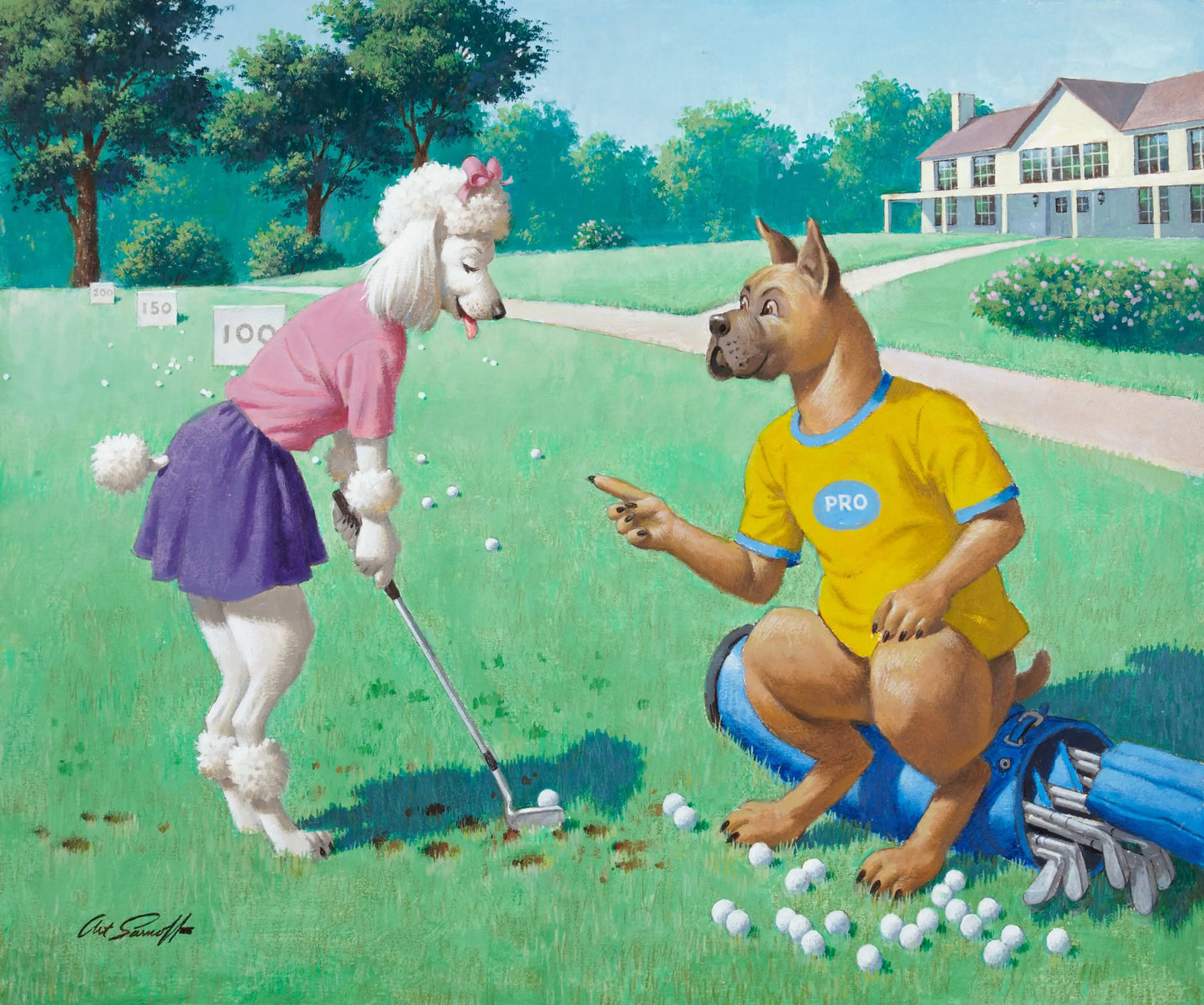 {{ product_title }} Fine Art Print | {{ product_vendor }} Jakero77 Arthur Sarnoff - Practice Makes Perfect, Dogs Playing Golf 1960s Signed - 17"x22" Fine Art Print Art Print  Jakero77