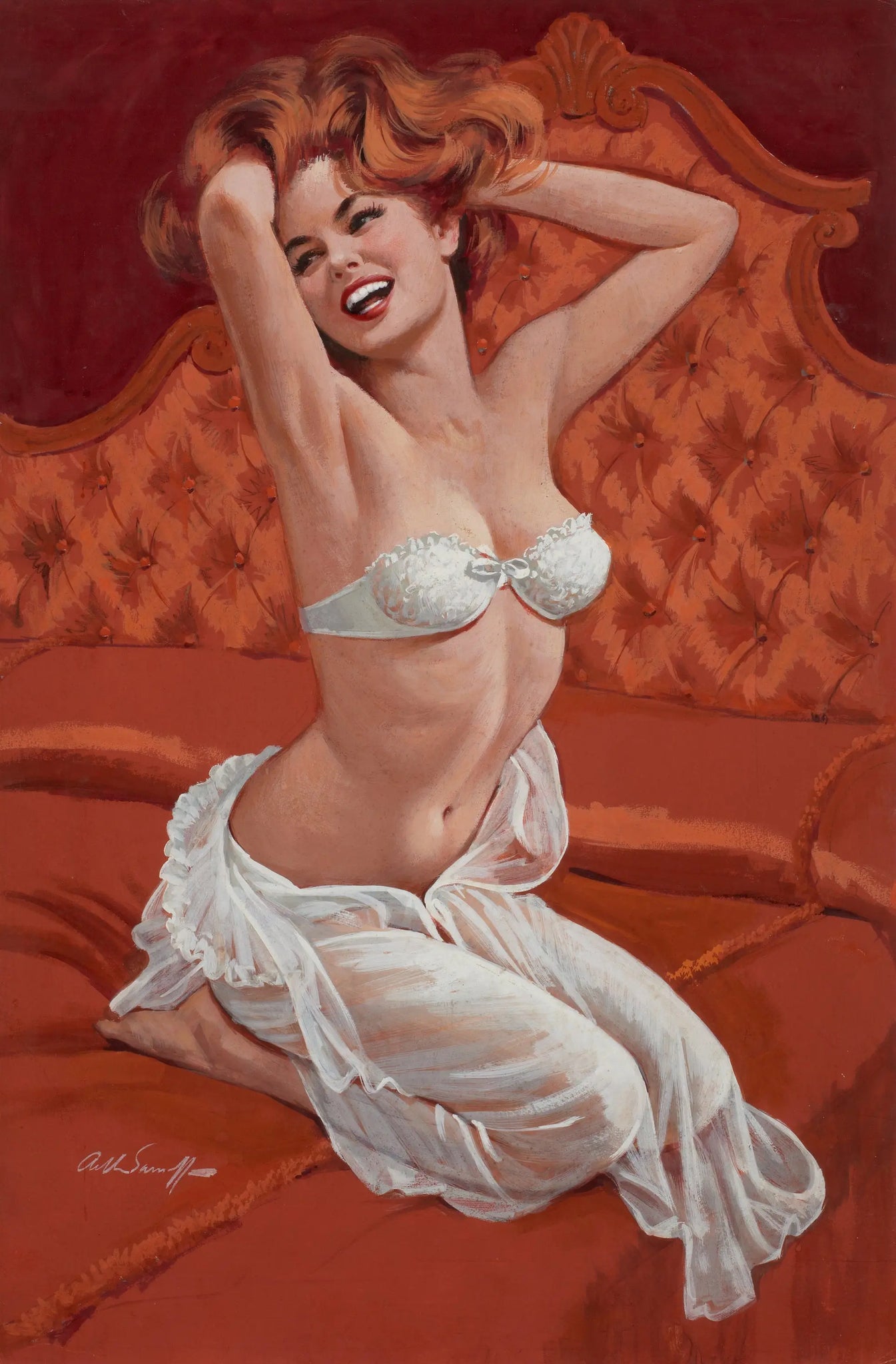 {{ product_title }} Fine Art Print | {{ product_vendor }} Jakero77 Arthur Sarnoff - Red Head Boudoir Pin-Up Girl 1950s Signed - 17" x 22" Art Print Art Print  Jakero77