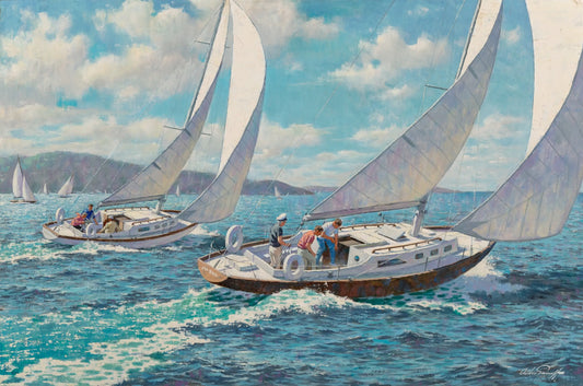 {{ product_title }} Fine Art Print | {{ product_vendor }} Jakero77 Arthur Sarnoff - Regatta Sailing Race 1950s Signed - 17" x 22" Fine Art Print Art Print  Jakero77