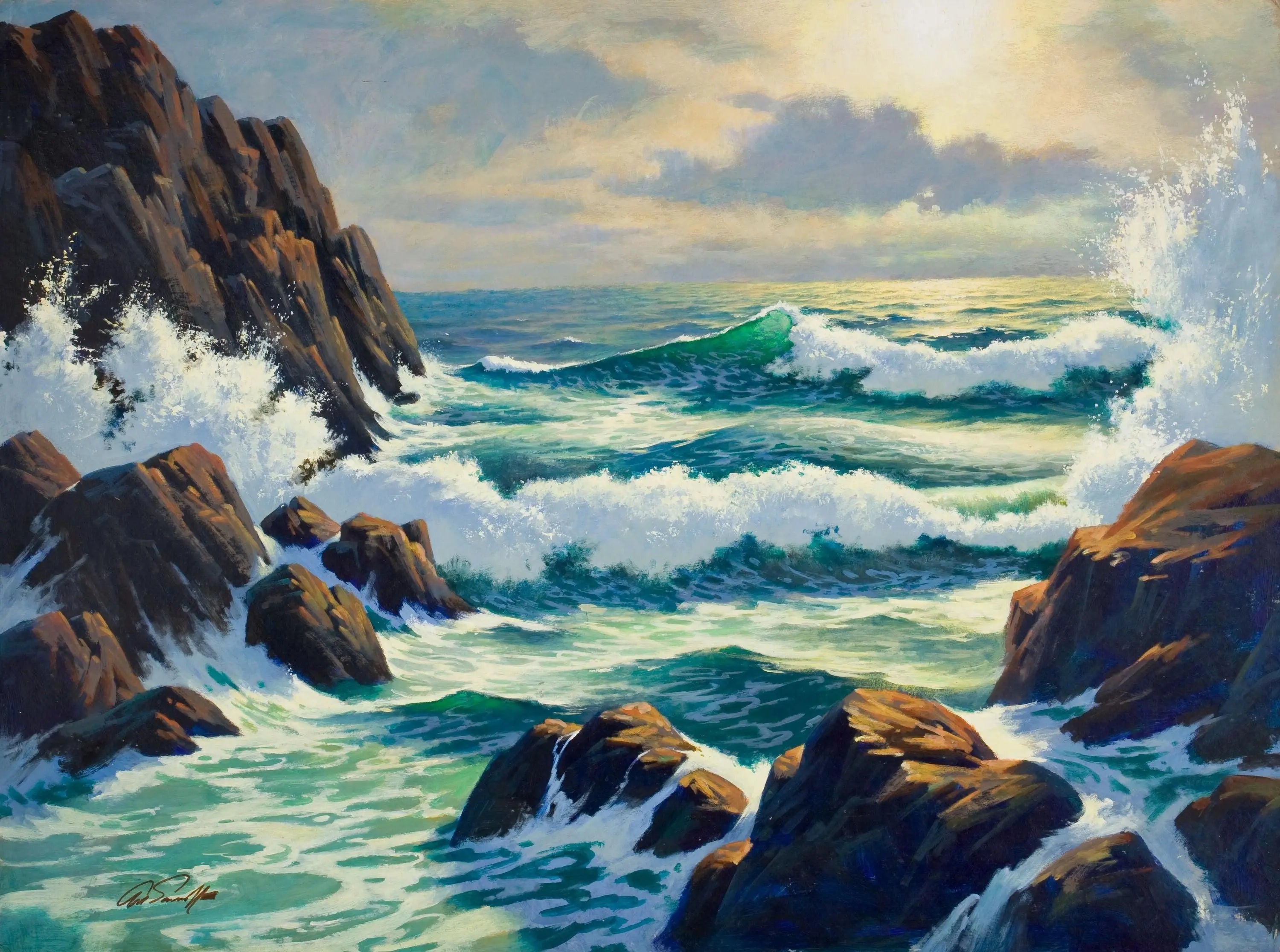 {{ product_title }} Fine Art Print | {{ product_vendor }} Jakero77 Arthur Sarnoff - Resounding Sea (1960s) Signed - 17" x 22" Fine Art Print Art Print  Jakero77