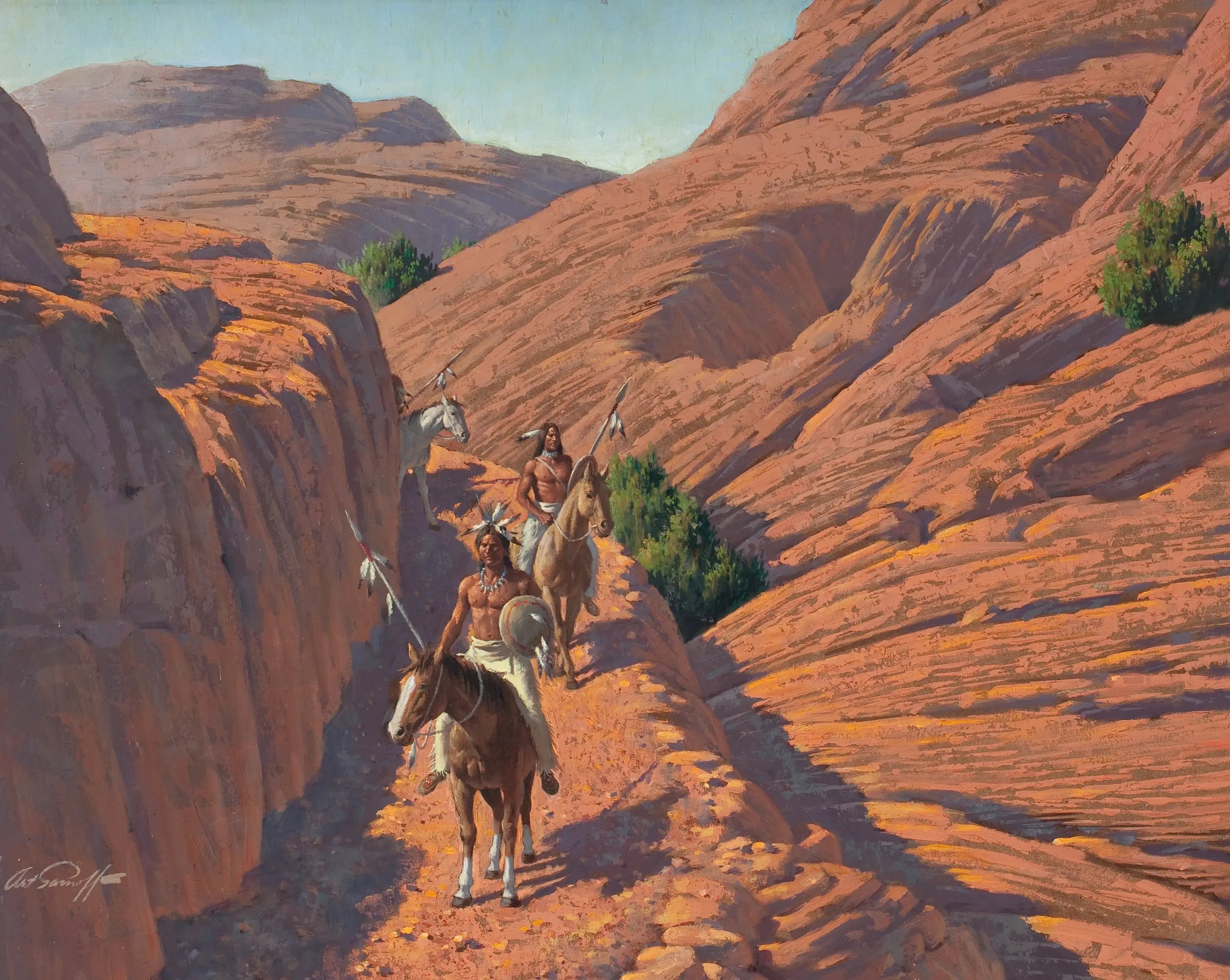 {{ product_title }} Fine Art Print | {{ product_vendor }} Jakero77 Arthur Sarnoff - Rocky Trail Native Americans 1960s Signed - 17" x 22" Art Print Art Print  Jakero77