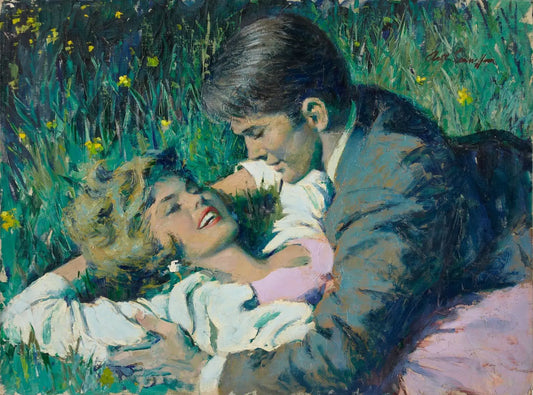 {{ product_title }} Fine Art Print | {{ product_vendor }} Jakero77 Arthur Sarnoff - Romantic Couple Embrace in Field 1960s Signed - 17" x 22" Print Art Print  Jakero77