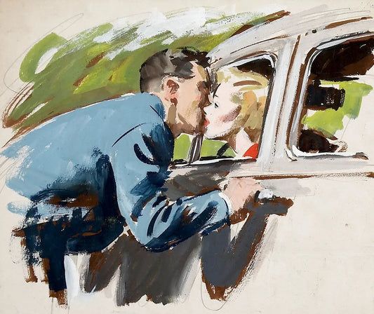 {{ product_title }} Fine Art Print | {{ product_vendor }} Jakero77 Arthur Sarnoff - Romantic Kiss Leaning on Car 1940s - 17" x 22" Fine Art Print Art Print  Jakero77