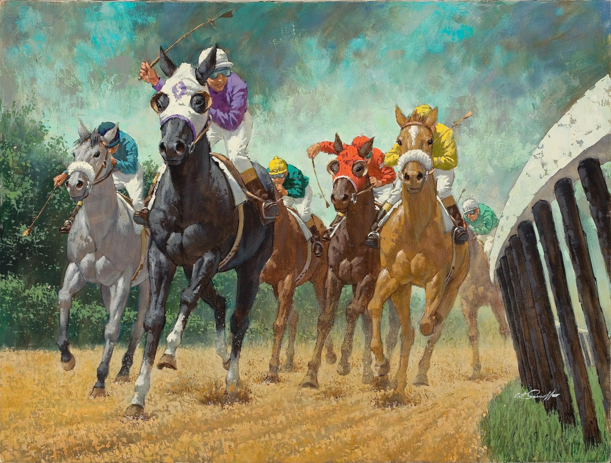 {{ product_title }} Fine Art Print | {{ product_vendor }} Jakero77 Arthur Sarnoff - Rounding the Turn Horse Racing 1960s Signed - 17"x22" Art Print Art Print  Jakero77