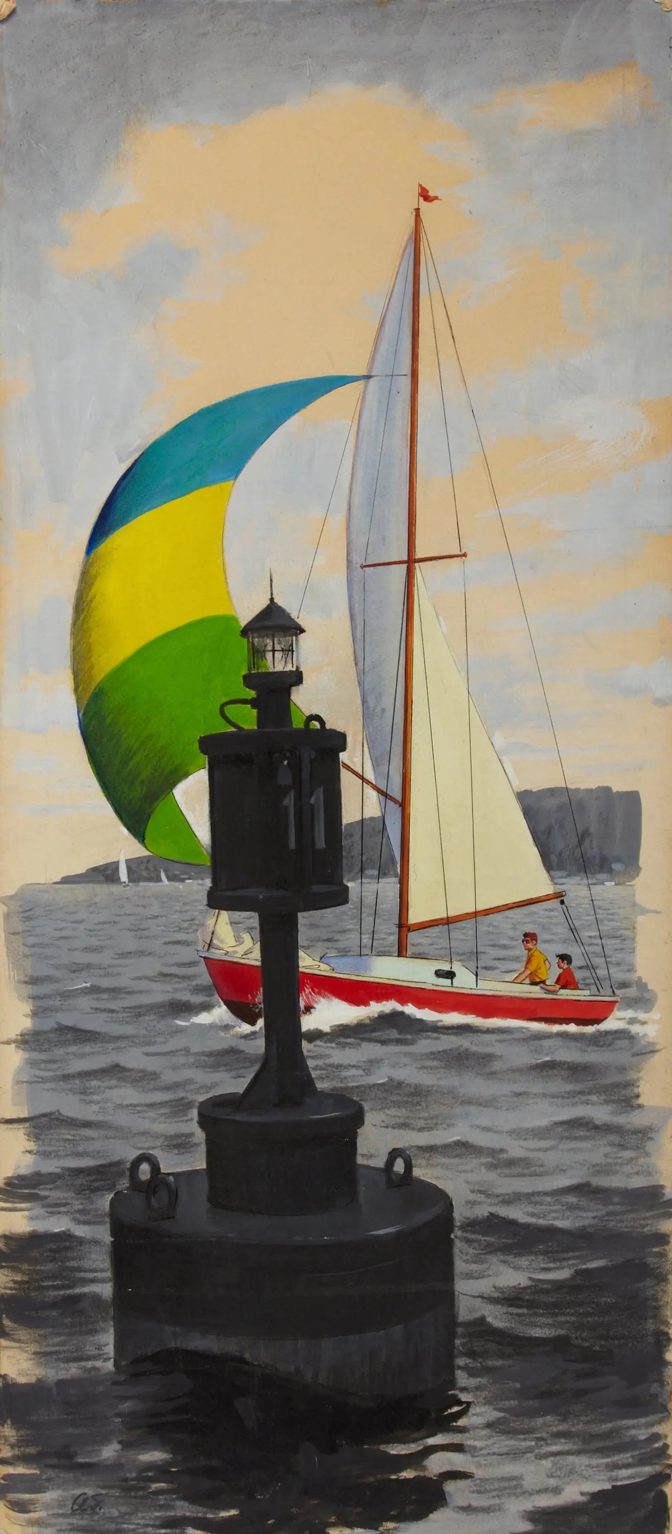 {{ product_title }} Fine Art Print | {{ product_vendor }} Jakero77 Arthur Sarnoff - Sailboat Passing Buoy 1950s Initialed - 17" x 22" Fine Art Print Art Print  Jakero77