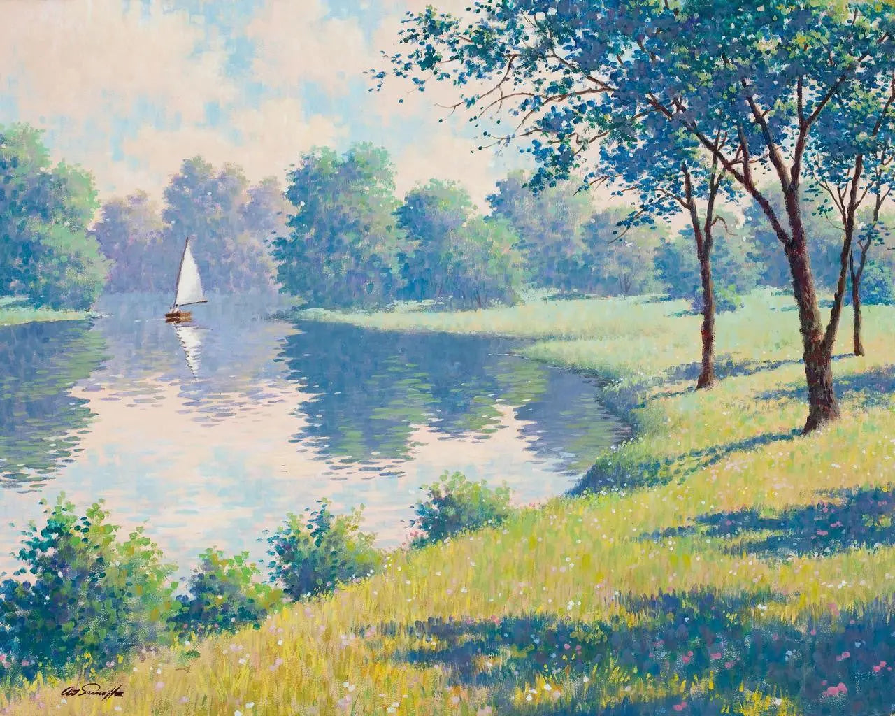 {{ product_title }} Fine Art Print | {{ product_vendor }} Jakero77 Arthur Sarnoff - Sailing on Calm Waters 1950s Signed - 17" x 22" Fine Art Print Art Print  Jakero77