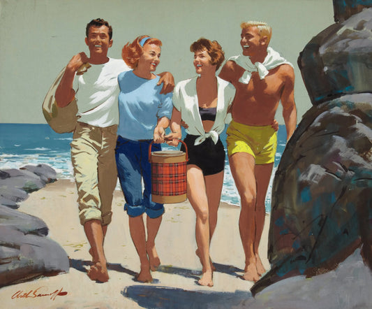 {{ product_title }} Fine Art Print | {{ product_vendor }} Jakero77 Arthur Sarnoff - Scotch Brand Ice Bucket Friends @ Beach 1960s Signed - 17" x 22" Fine Art Print Art Print  Jakero77