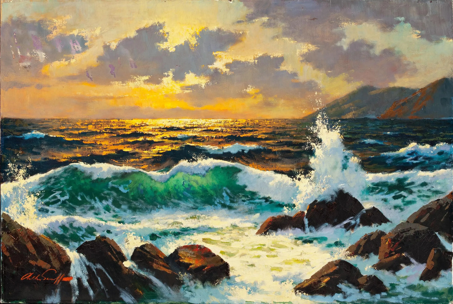 {{ product_title }} Fine Art Print | {{ product_vendor }} Jakero77 Arthur Sarnoff - Seascape, Sunset in Clouds 1960s Signed - 17" x 22" Art Print Art Print  Jakero77