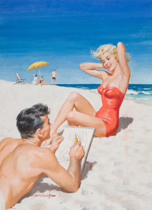 {{ product_title }} Fine Art Print | {{ product_vendor }} Jakero77 Arthur Sarnoff - Sketching Pin-Up Girl at Beach (1954) Signed - 17"x22" Art Print Art Print  Jakero77