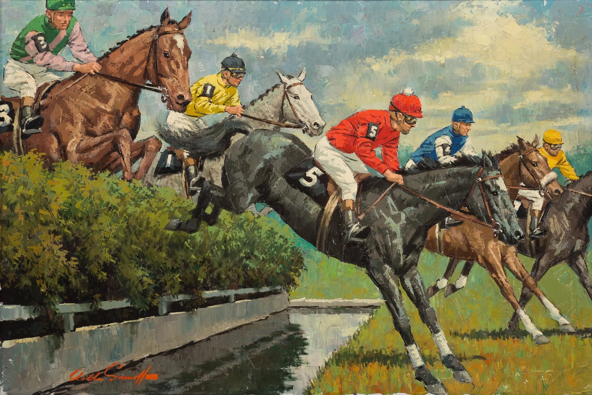 {{ product_title }} Fine Art Print | {{ product_vendor }} Jakero77 Arthur Sarnoff - Steeple Chase Horse Racing 1980s Signed - 17" x 22" Art Print Art Print  Jakero77