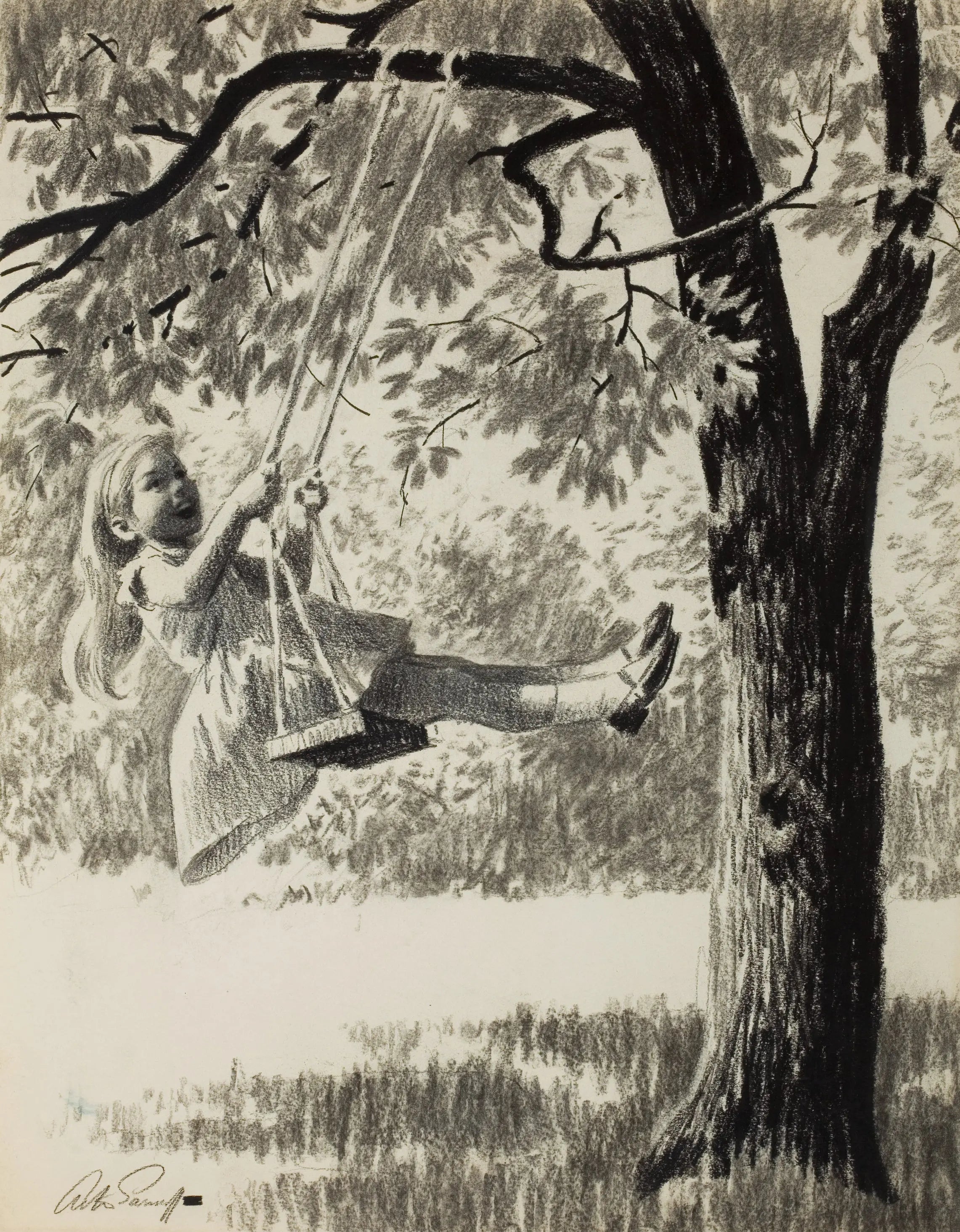 {{ product_title }} Fine Art Print | {{ product_vendor }} Jakero77 Arthur Sarnoff - Swinging Underneath the Tree 1950s Signed - 17" x 22" Art Print Art Print  Jakero77