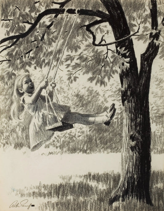 {{ product_title }} Fine Art Print | {{ product_vendor }} Jakero77 Arthur Sarnoff - Swinging Underneath the Tree 1950s Signed - 17" x 22" Art Print Art Print  Jakero77