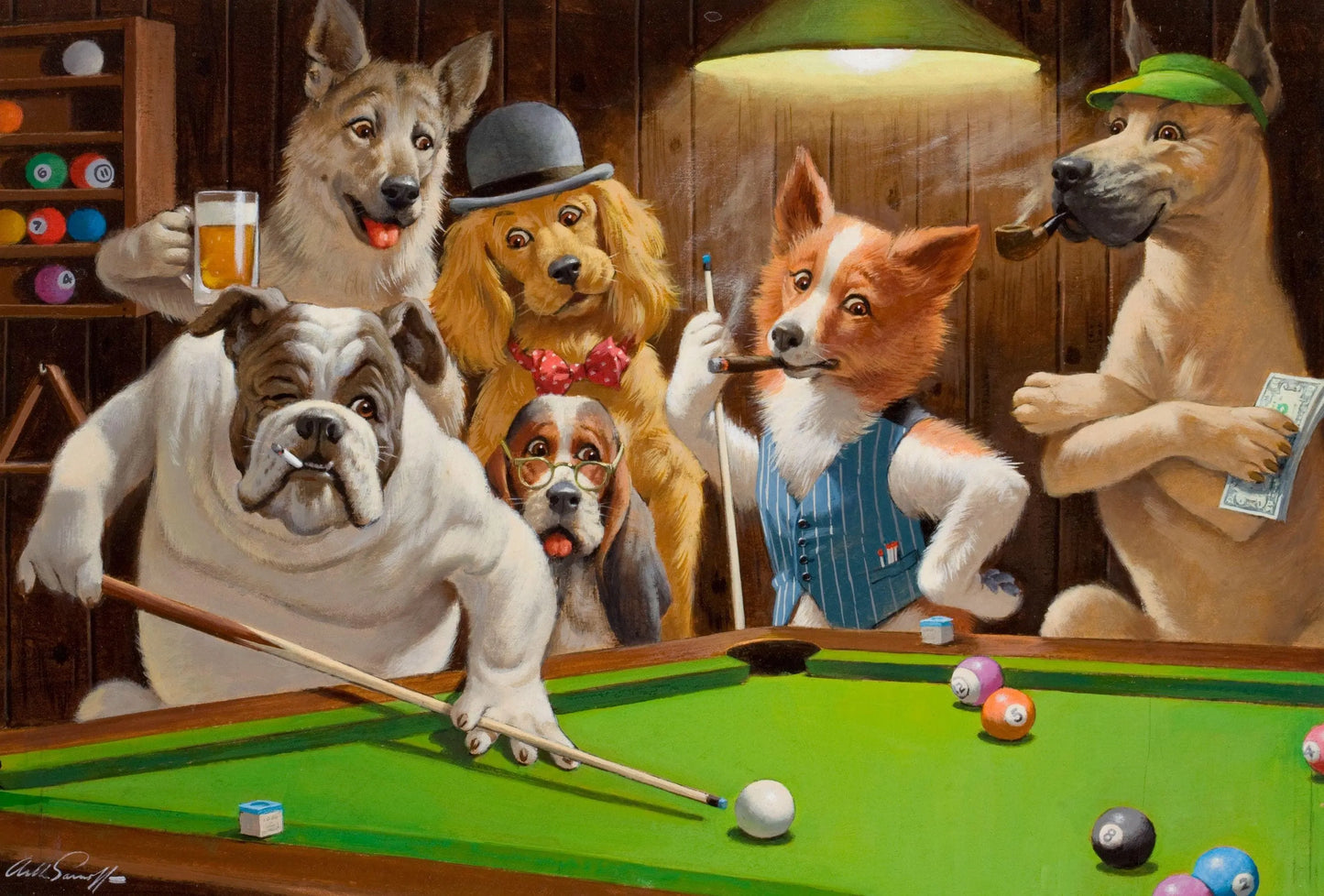 {{ product_title }} Fine Art Print | {{ product_vendor }} Jakero77 Arthur Sarnoff - The Hustler, Dogs Playing Pool 1960s Signed - 17"x22" Art Print Art Print  Jakero77