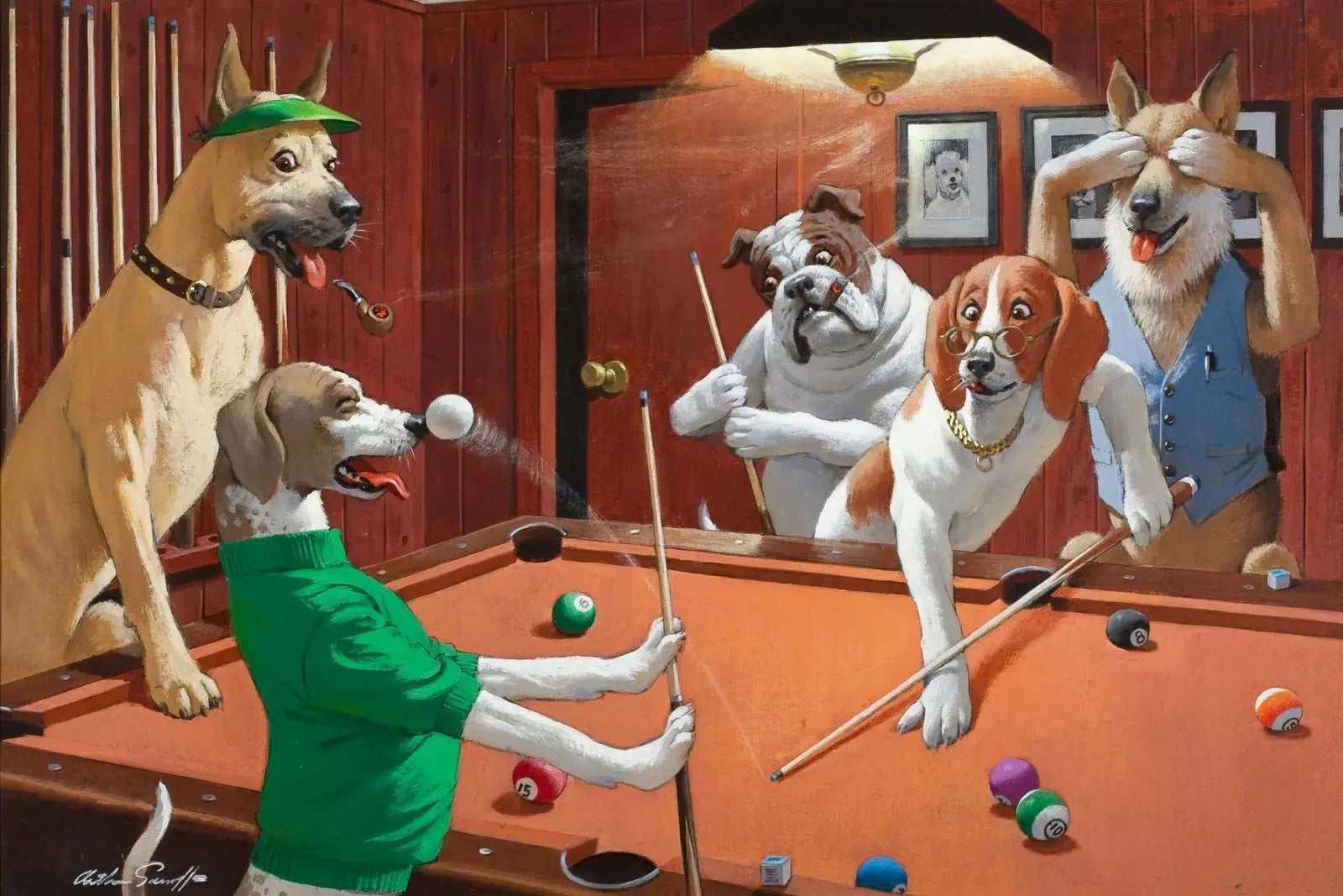 {{ product_title }} Fine Art Print | {{ product_vendor }} Jakero77 Arthur Sarnoff - The Scratchin' Beagle, Dogs Playing Pool 1960s Signed - 17"x22" Fine Art Print Art Print  Jakero77