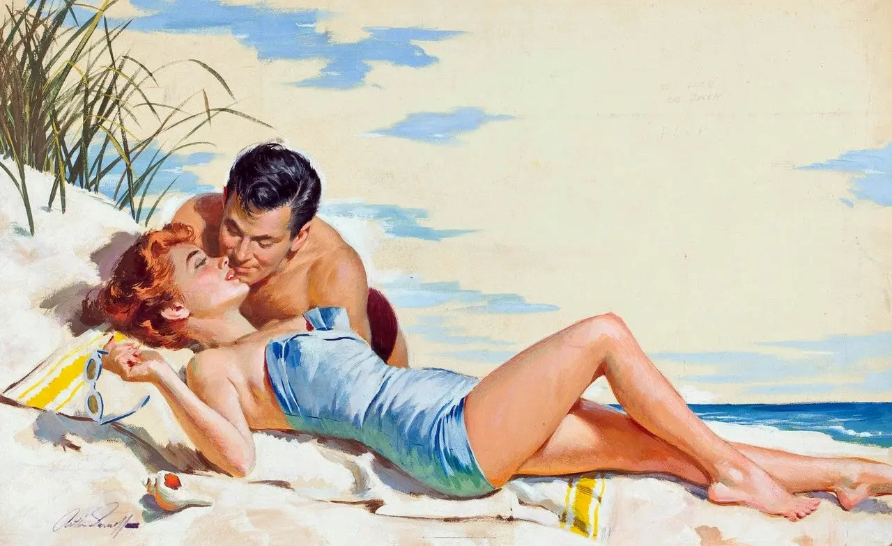 {{ product_title }} Fine Art Print | {{ product_vendor }} Jakero77 Arthur Sarnoff - Triple Threat, Romance on the Beach 1950s Signed - 17"x22" Print Art Print  Jakero77