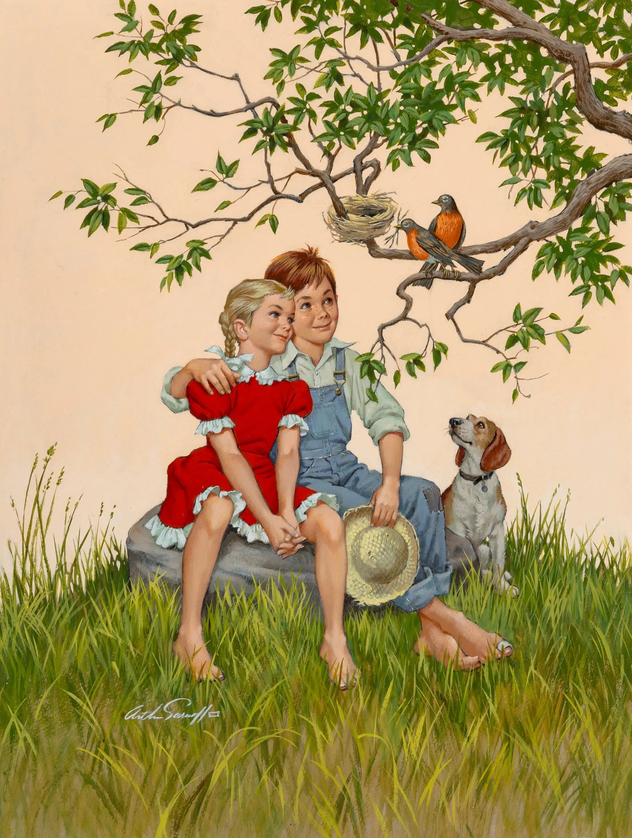 {{ product_title }} Fine Art Print | {{ product_vendor }} Jakero77 Arthur Sarnoff - Watching the Birds (1950s) Signed - 17" x 22" Fine Art Print Art Print  Jakero77