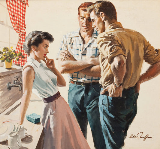 {{ product_title }} Fine Art Print | {{ product_vendor }} Jakero77 Arthur Sarnoff - Wife Flirting in the Kitchen 1950s Signed - 17" x 22" Art Print Art Print  Jakero77
